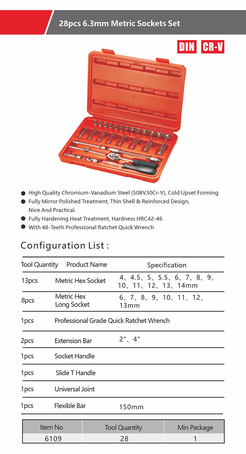 28pcs 6.3mm Metric Socket Set - Besita